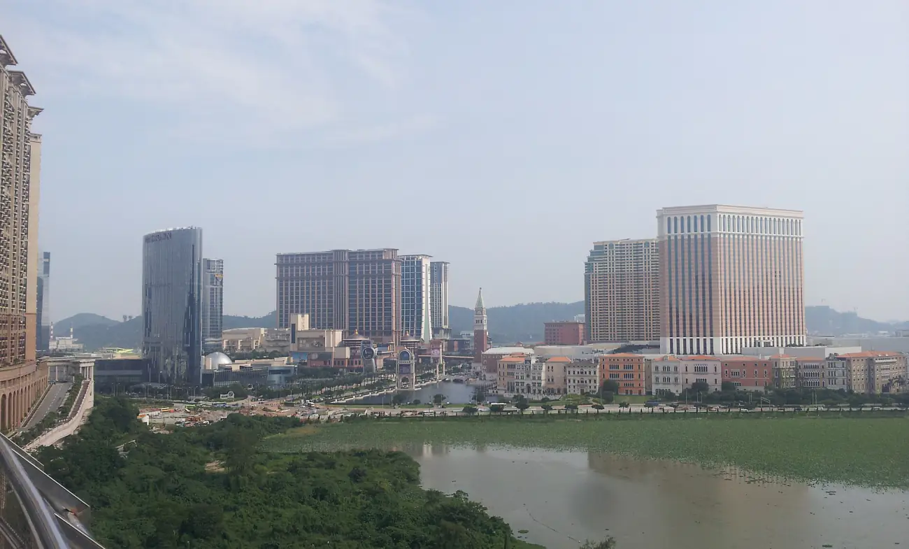Cotai seen across a reed-filled water channel: a row of resort slabs standing shoulder to shoulder on flat reclaimed land, with the Venetian's block and campanile at the right and green hills small behind them
