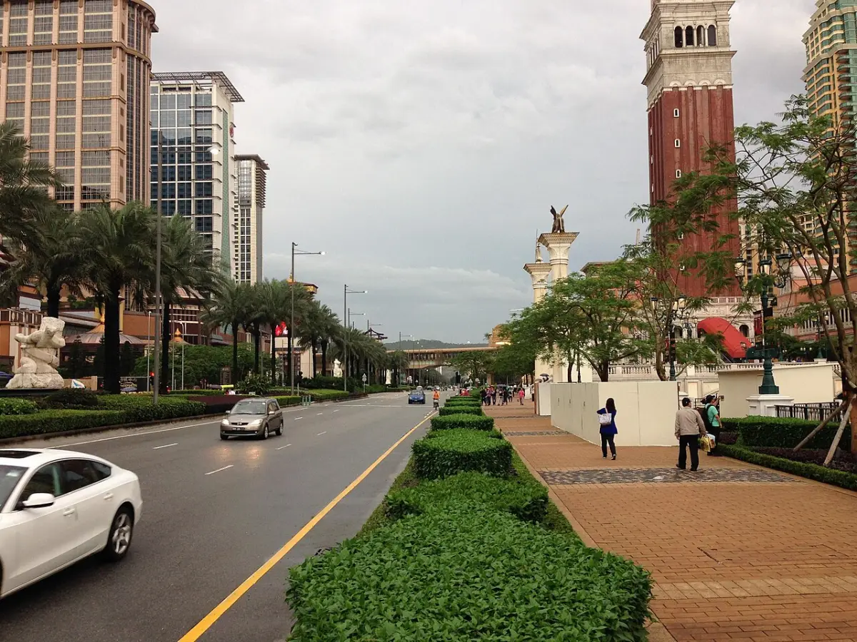 The Cotai skyline, a dense row of resort towers standing together on reclaimed land